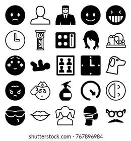 Set of 25 face filled and outline icons such as baby, woman hairstyle, spray bottle, eyeshadow palette, security guy, mustache and glasses, smiling emot, laughing emot