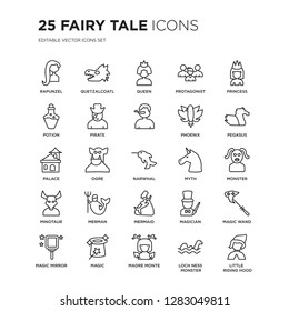 Set of 25 Fairy Tale linear icons such as rapunzel, Quetzalcoatl, Queen, protagonist, Princess, Pegasus, Monster, Magic wand, vector illustration of trendy icon pack. Line icons with thin line stroke.