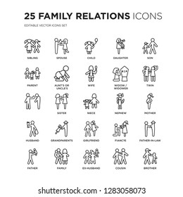 Set of 25 family relations linear icons such as sibling, spouse, child, daughter, son, twin, mother, father-in-law, , vector illustration of trendy icon pack. Line icons with thin line stroke.