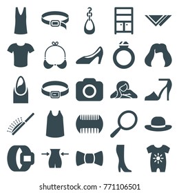 Set of 25 fashion filled icons such as baby onesie, comb, mirror, nail, slim, hairstyle, wardrobe, singlet, woman hat, belt, woman shoe, camera, ring, hair brush, bra