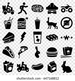 Set of 25 fast filled icons such as sausage, rabbit, flash, taco, burger, pizza, hot dog, drink, sandwich, double burger with flag, take away food