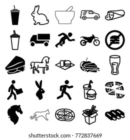 Set of 25 fast filled and outline icons such as sausage, truck, drink, pizza, sandwich, sandwich and apple, no fast food, running, courier, motorbike, rabbit, horse