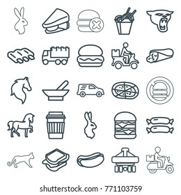Set of 25 fast outline icons such as bowl, sausage, horse, panther, rabbit, truck, burger, wrap sandwich, hot dog, drink, chinese fast food, sandwich, pizza, double burger