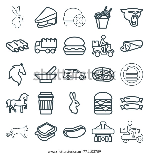 Set of 25 fast\
outline icons such as bowl, sausage, horse, panther, rabbit, truck,\
burger, wrap sandwich, hot dog, drink, chinese fast food, sandwich,\
pizza, double burger
