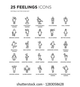Set of 25 Feelings linear icons such as confused human, confident comfortable cold chill human, vector illustration of trendy icon pack. Line icons with thin line stroke.