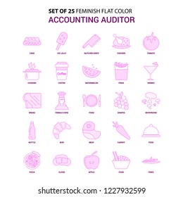 Set of 25 Feminish Accounting Auditor Flat Color Pink Icon set