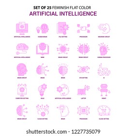 Set of 25 Feminish Artificial Intelligence Flat Color Pink Icon set