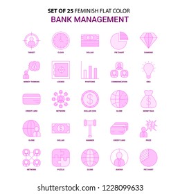 Set of 25 Feminish Bank Management Flat Color Pink Icon set