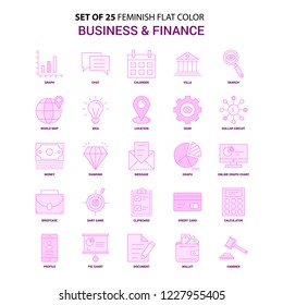 Set of 25 Feminish Business and Finance Flat Color Pink Icon set