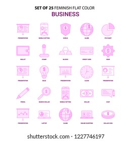 Set of 25 Feminish Business Flat Color Pink Icon set