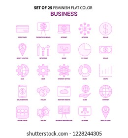 Set of 25 Feminish Business Flat Color Pink Icon set