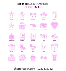 Set of 25 Feminish Christmas Flat Color Pink Icon set