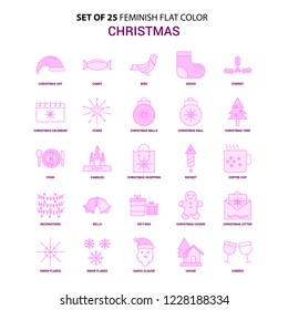 Set of 25 Feminish Christmas Flat Color Pink Icon set