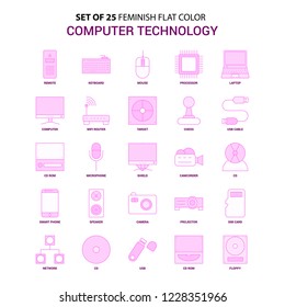 Set of 25 Feminish Computer Technology Flat Color Pink Icon set