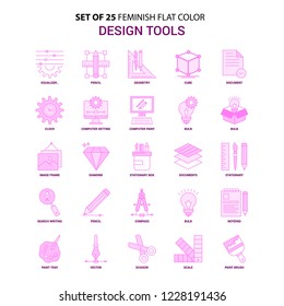 Set of 25 Feminish Design Tools Flat Color Pink Icon set