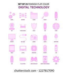 Set of 25 Feminish Digital Technology Flat Color Pink Icon set