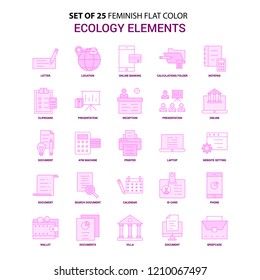 Set of 25 Feminish Ecology Elements Flat Color Pink Icon set