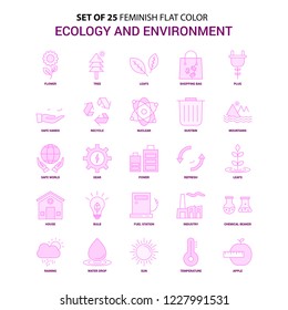 Set of 25 Feminish Ecology and Enviroment Flat Color Pink Icon set