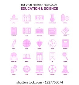 Set of 25 Feminish Education and Science Flat Color Pink Icon set