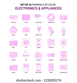 Set of 25 Feminish Electronics and Appliances Flat Color Pink Icon set