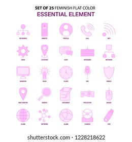 Set of 25 Feminish Essential Element Flat Color Pink Icon set