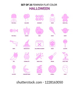 Set of 25 Feminish Halloween Flat Color Pink Icon set