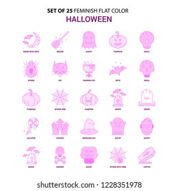 Set of 25 Feminish Halloween Flat Color Pink Icon set