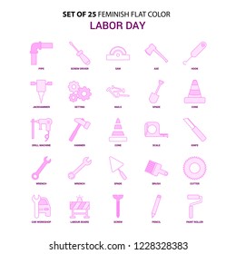 Set of 25 Feminish Labor day Flat Color Pink Icon set