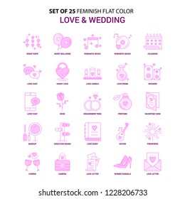 Set of 25 Feminish Love and Wedding Flat Color Pink Icon set