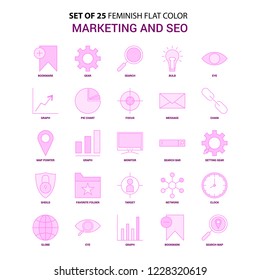 Set of 25 Feminish Marketing and SEO Flat Color Pink Icon set