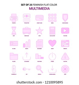 Set of 25 Feminish Multimedia Flat Color Pink Icon set