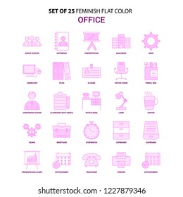 Set of 25 Feminish Office Flat Color Pink Icon set