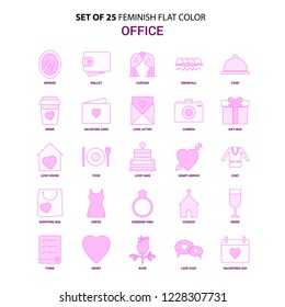 Set of 25 Feminish Office Flat Color Pink Icon set