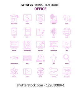 Set of 25 Feminish Office Flat Color Pink Icon set