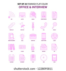 Set of 25 Feminish Office and Interview Flat Color Pink Icon set