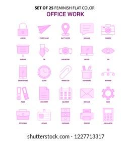 Set of 25 Feminish Office work Flat Color Pink Icon set