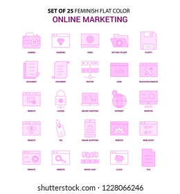 Set of 25 Feminish Online Marketing Flat Color Pink Icon set