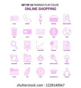 Set of 25 Feminish Online Shopping Flat Color Pink Icon set