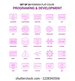 Set of 25 Feminish Programming and Developement Flat Color Pink Icon set