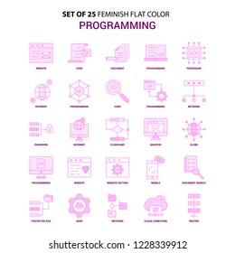 Set of 25 Feminish Programming Flat Color Pink Icon set