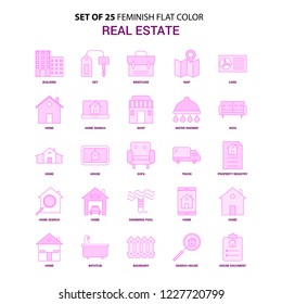 Set of 25 Feminish Real Estate Flat Color Pink Icon set