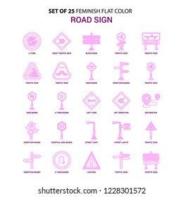 Set of 25 Feminish Road Sign Flat Color Pink Icon set