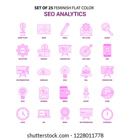 Set of 25 Feminish SEO Analytics Flat Color Pink Icon set