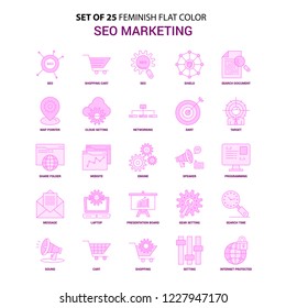 Set of 25 Feminish SEO Marketing Flat Color Pink Icon set