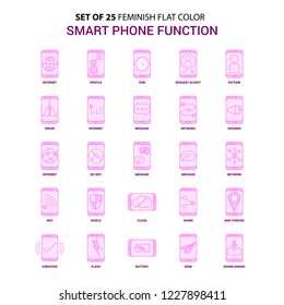 Set of 25 Feminish Smart phone functions Flat Color Pink Icon set