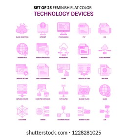 Set of 25 Feminish Technology Device Flat Color Pink Icon set