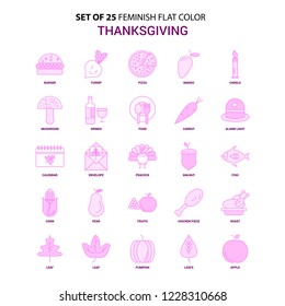 Set of 25 Feminish Thanksgiving  Flat Color Pink Icon set