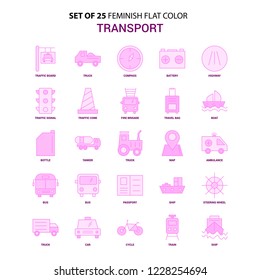 Set of 25 Feminish Transport Flat Color Pink Icon set