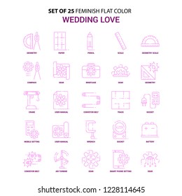 Set of 25 Feminish Wedding Love Flat Color Pink Icon set