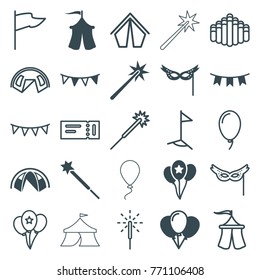 Set of 25 festival filled and outline icons such as balloon, party flag, mask, tent, ticket, sparklers, flag, harmonica, sparkler